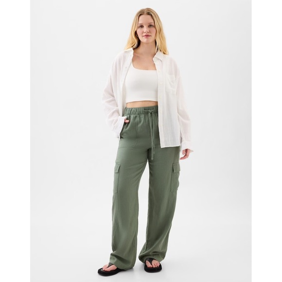 New Gap Pants XL Extra Large Tall Linen Blend Cargo Pull On Wide Leg Black NWT - Picture 3 of 9